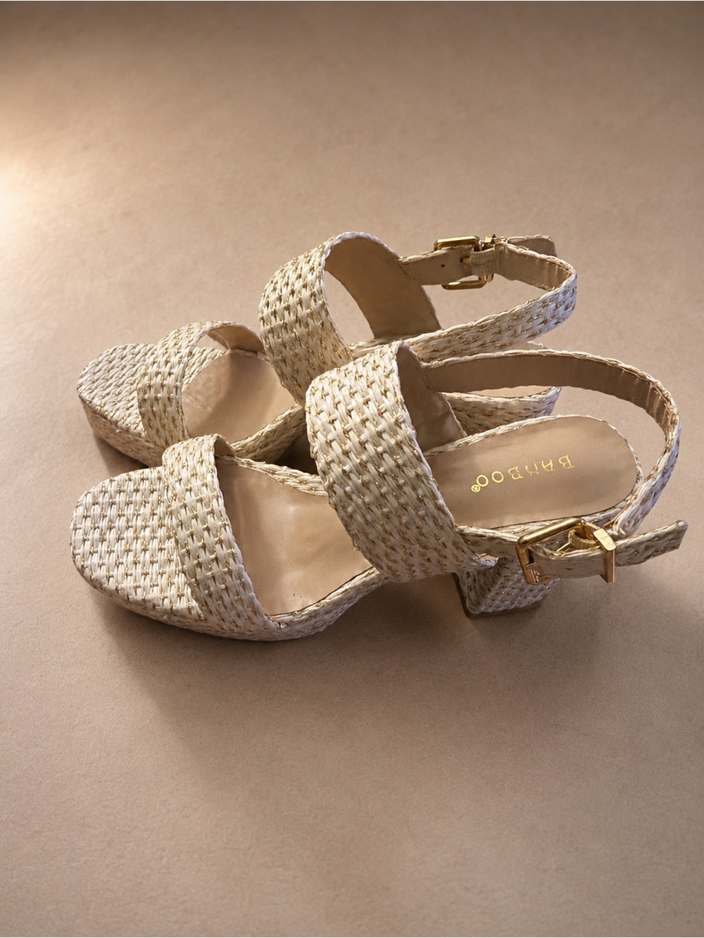 BAMBOO Cream Woven Block Heel Sandals with Gold Buckle